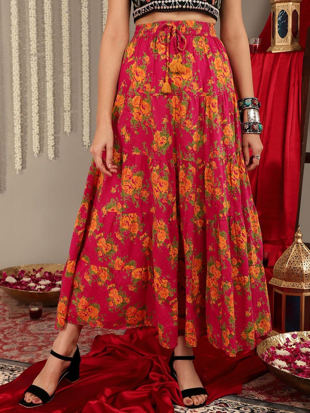 Varanga Floral Printed Flared Maxi Skirt - view 1