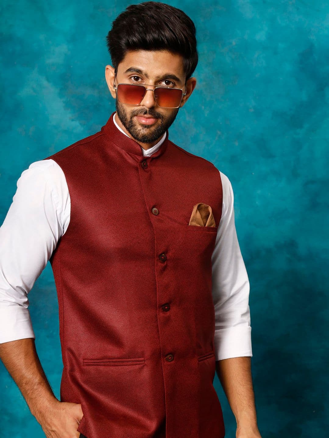 VASTRAMAY Woven Design Mandarin Collar Jute Cotton Nehru Jacket - view 1