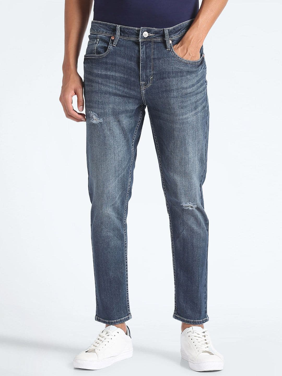 Flying Machine Men Blue Tapered Fit Mildly Distressed Ripped Light Fade Cotton Jeans - view 1