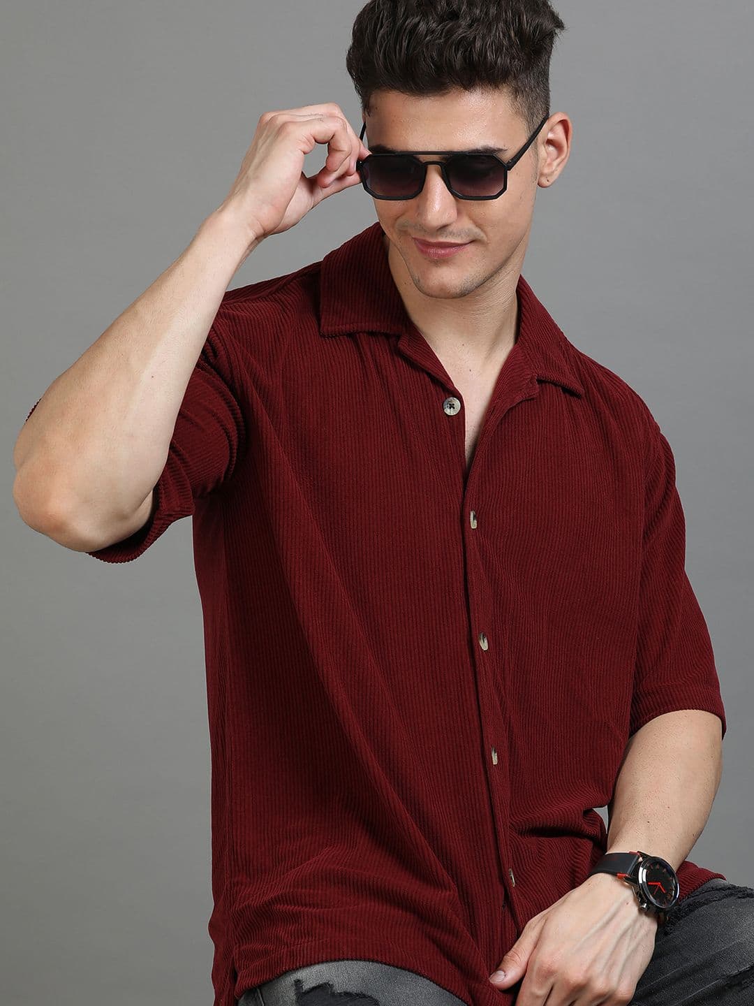 HERE&NOW Oversized Corduroy Spread Collar Short Collar Casual Shirt - view 1