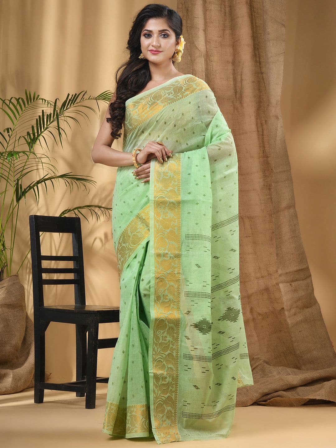 DESH BIDESH Ethnic Motifs Woven Design Zari Pure Cotton Block Print Saree - view 1