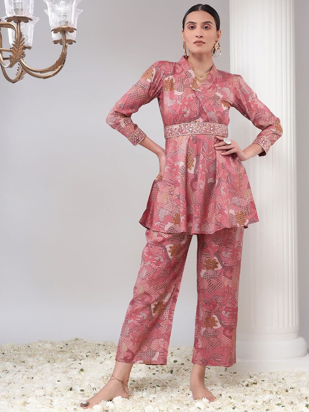 Bani Women Pink Abstract Printed Shawl Neck Tunic With Straight Trousers Collar Co-Ord Set - view 1