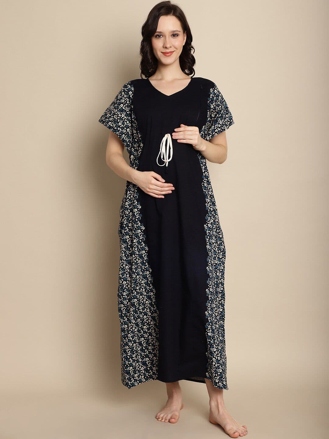 Secret Wish Maternity Ethnic Motifs Printed Pure Cotton Maxi Kaftan Nightdress - view 1