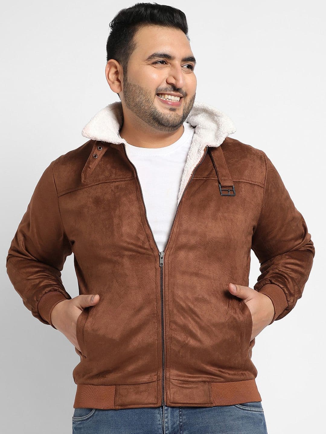 Instafab Plus Men Brown Checked Suede Windcheater Bomber Jacket - view 1