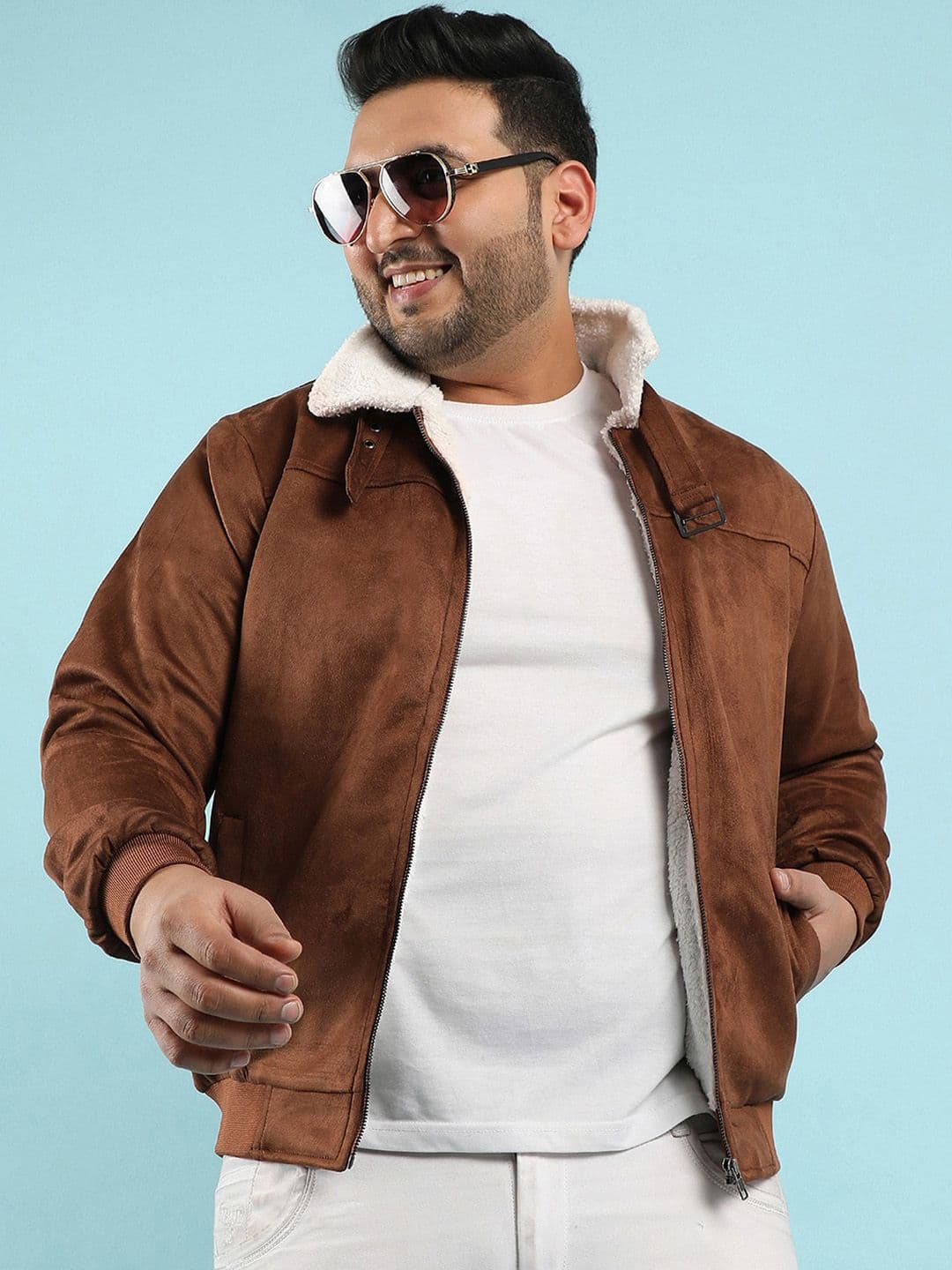 Instafab Plus Men Brown Suede Windcheater Bomber Jacket - view 1