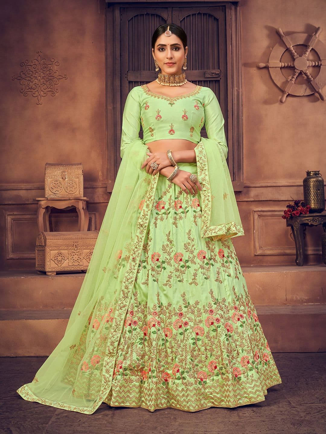 KALINI Embroidered Beads and Stones Semi-Stitched Lehenga & Unstitched Blouse With Dupatta - view 1