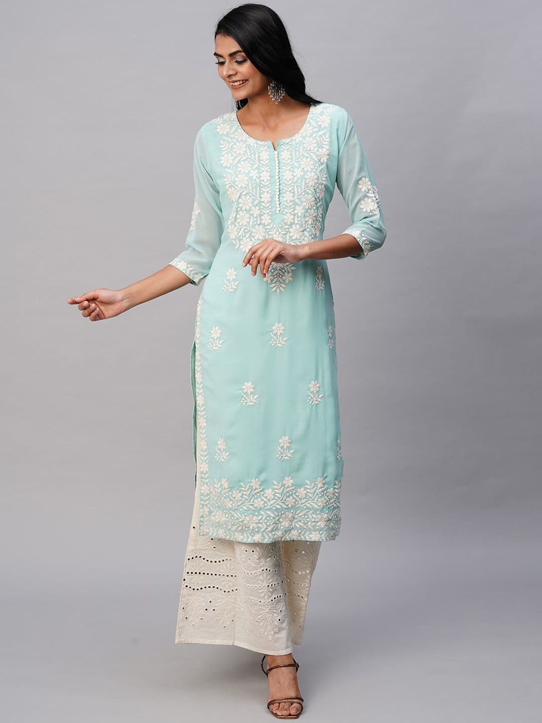 RATAN Women Georgette Chikankari Embroidered Kurta - view 1