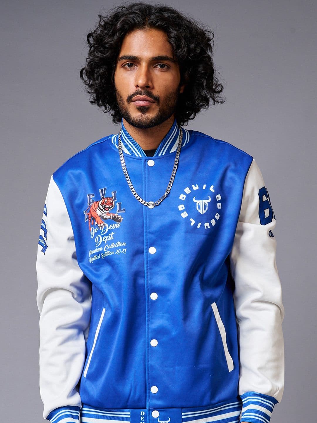 GO DEVIL Colourblocked Stand Collar Varsity Jacket - view 1