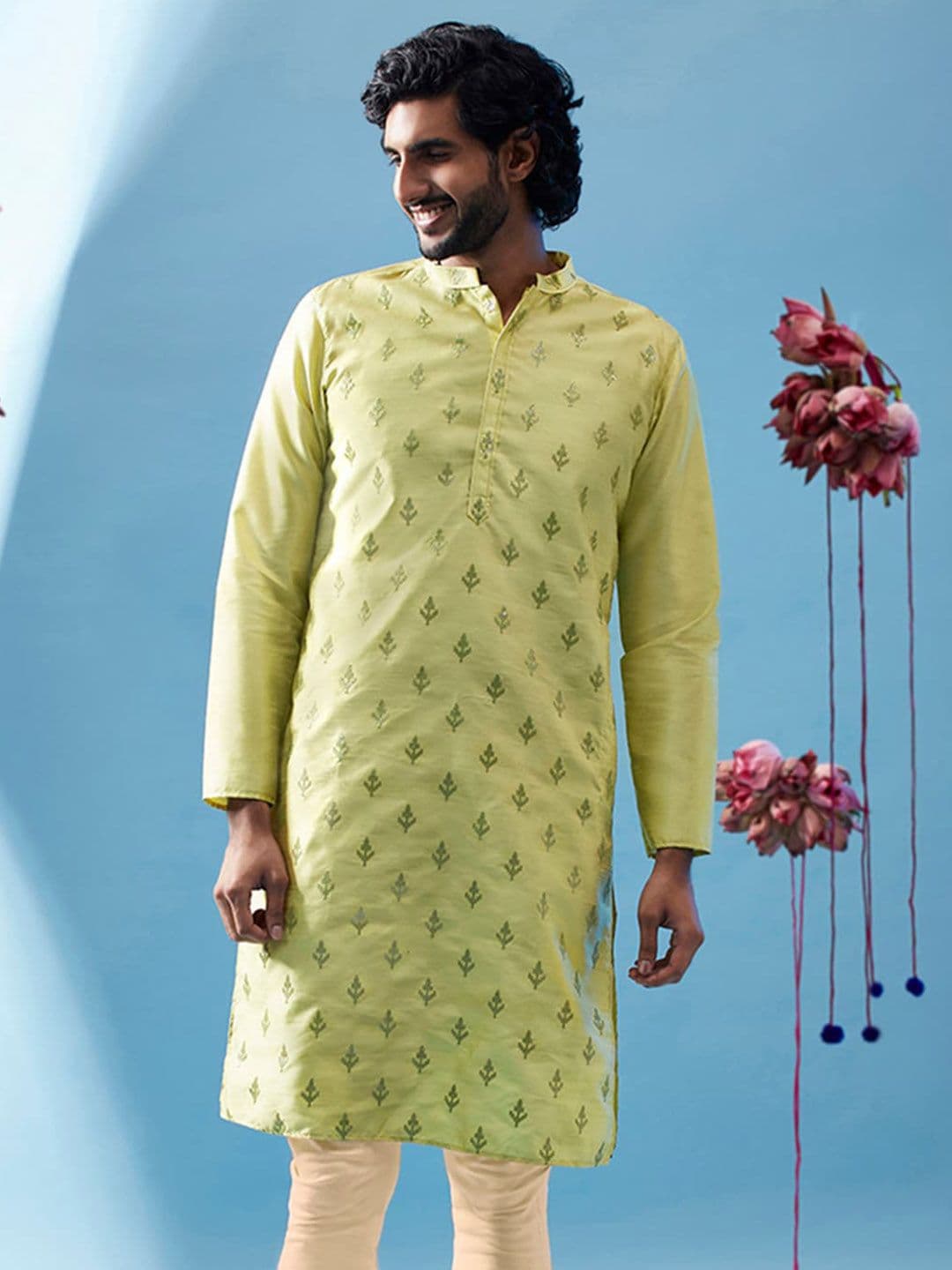 KISAH Green Ethnic Motifs Embroidered Mandarin Collar Kurta - view 1