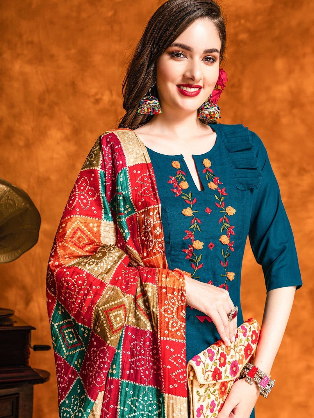 KALINI Floral Embroidered Regular Pure Cotton Kurta With Patiala & Dupatta - view 1