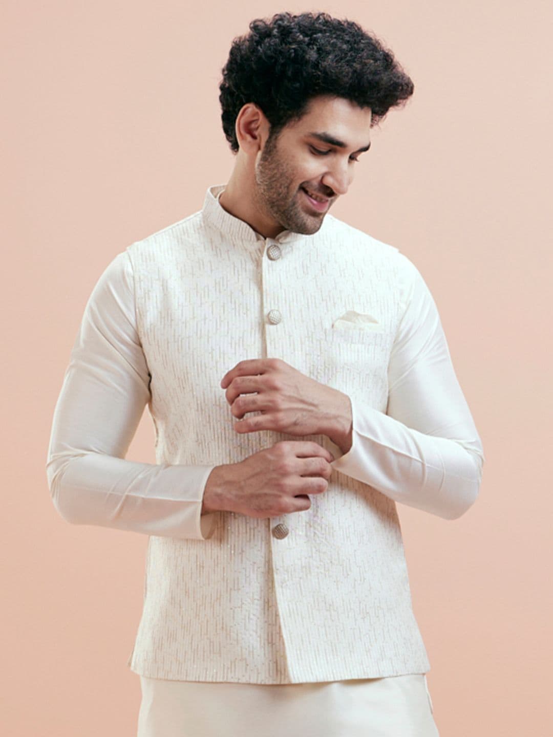 KISAH Men Textured Zari Regular Fit Nehru Jacket - view 1