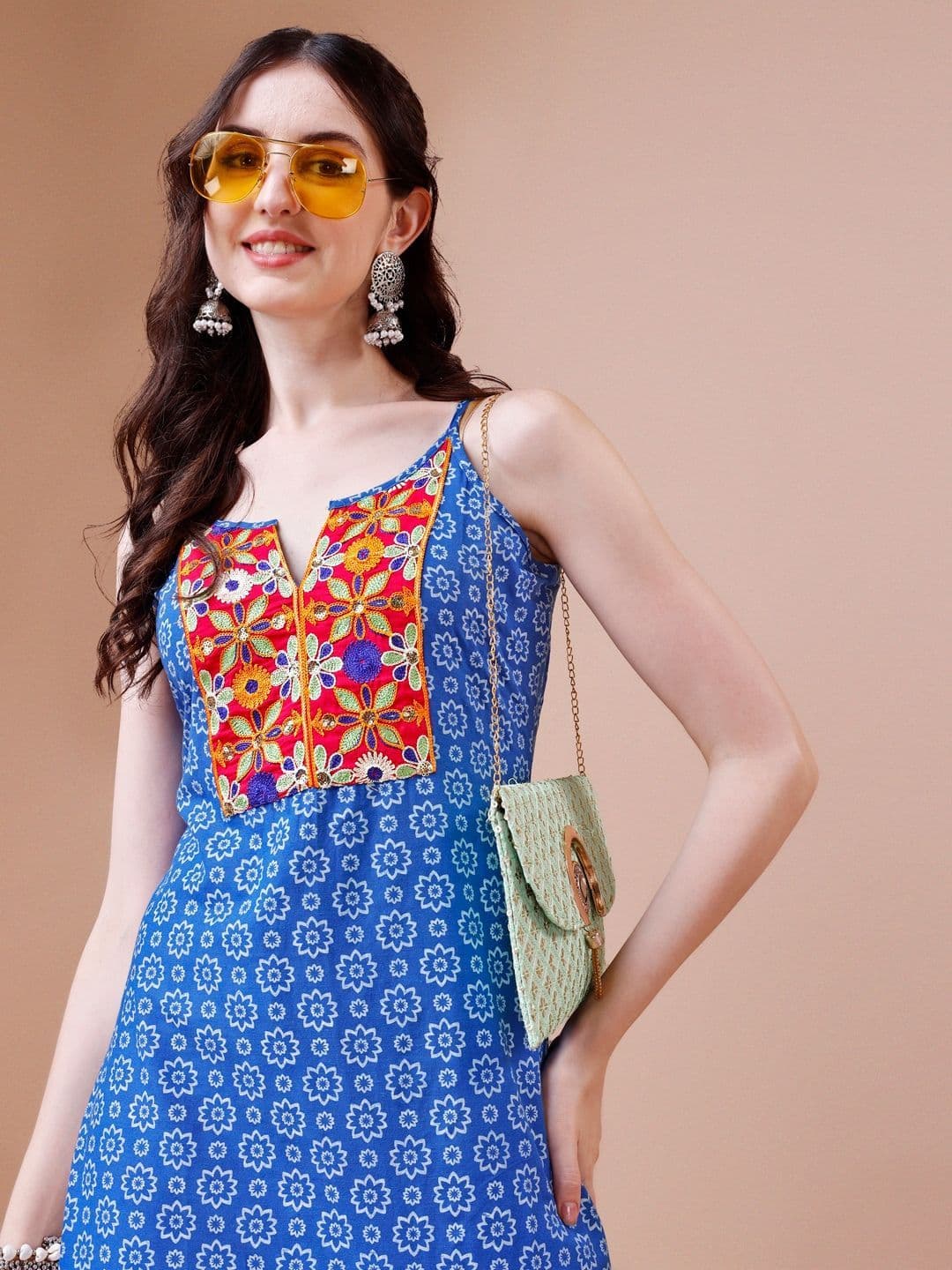 KALINI Floral Printed Sleeveless Thread Work Patch Work Straight Kurta - view 1