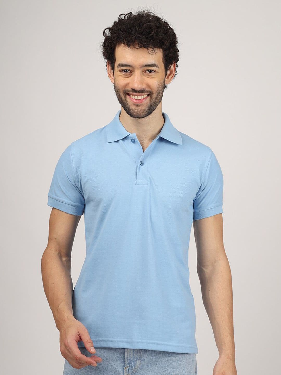 Greylongg Men Solid Sky Blue Cotton Regular Fit Polo T-shirt - view 1