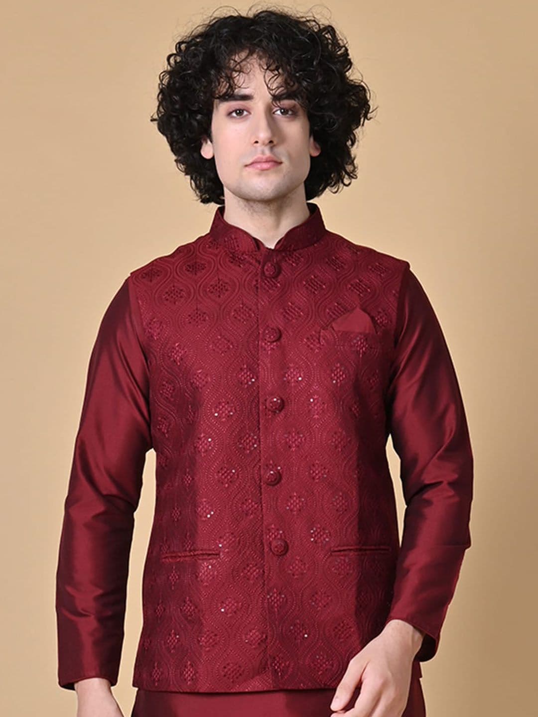 MAAHI FABS Embellished Woven Mandarin Collar Nehru Jacket - view 1