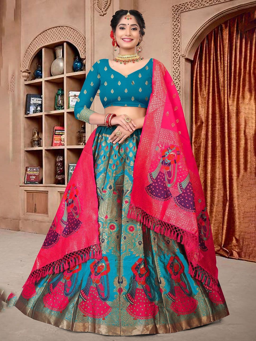 KALINI Woven Design Semi-Stitched Lehenga & Unstitched Blouse With Dupatta - view 1