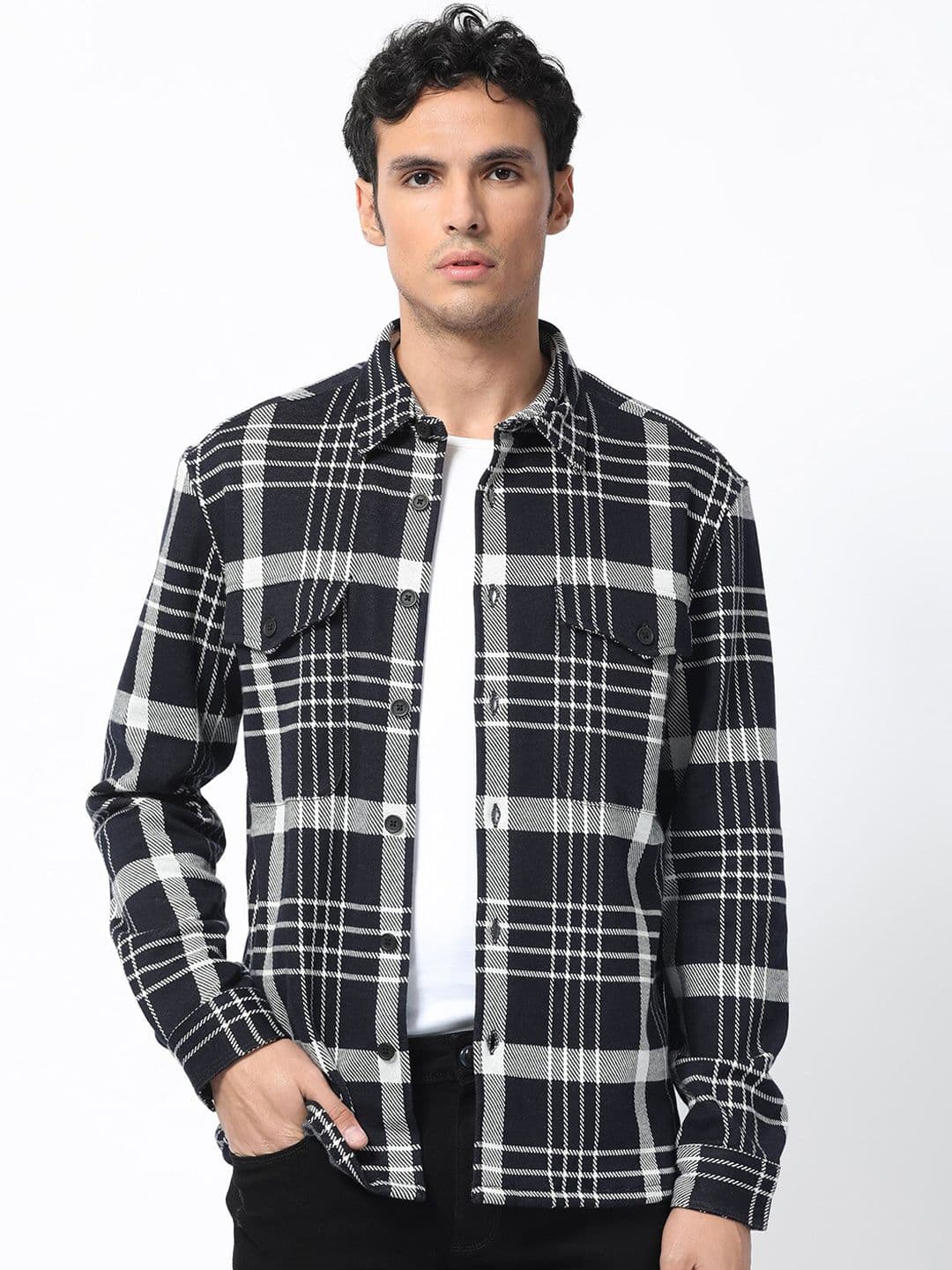 RARE RABBIT Men Navy Relaxed Fit Checked Casual Shacket - view 1