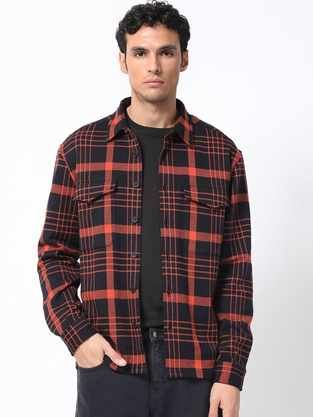 RARE RABBIT Men Black Relaxed Fit Checked Casual Shacket - view 1