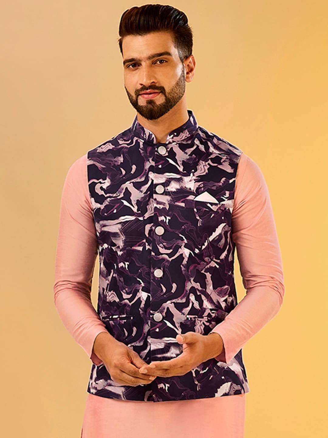 KISAH Woven Printed Nehru Jacket With Pocket Square - view 1