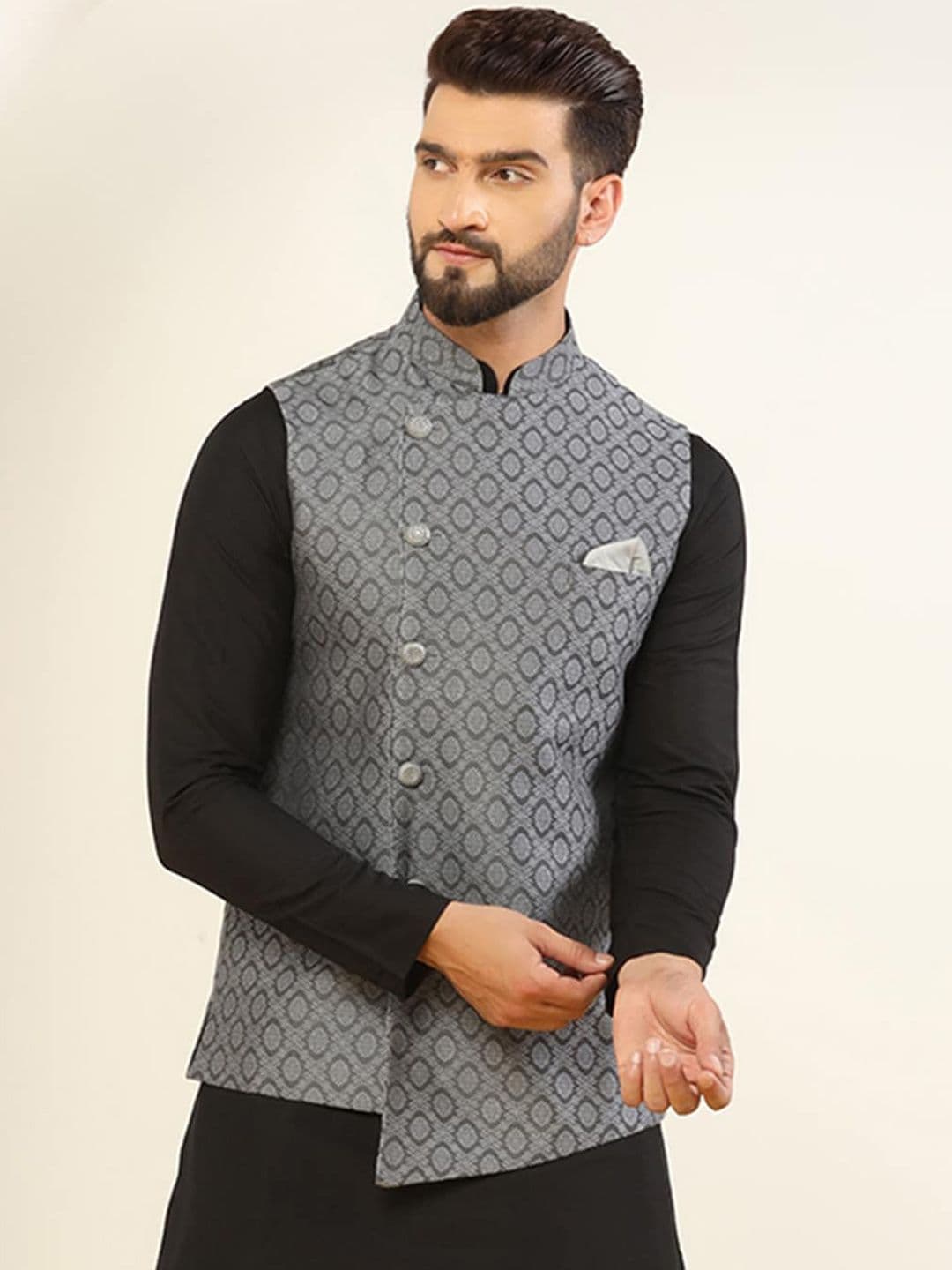 KISAH Men Asymmetrical, Textured Zari Regular Fit Nehru Jacket - view 1