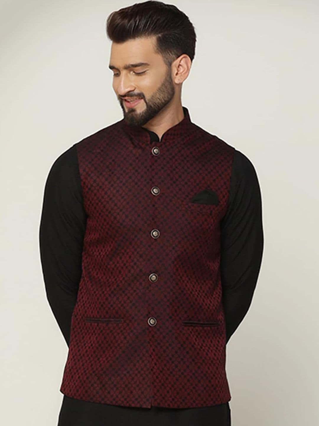 KISAH Men Woven Jacquard Zari Regular Fit Nehru Jacket - view 1