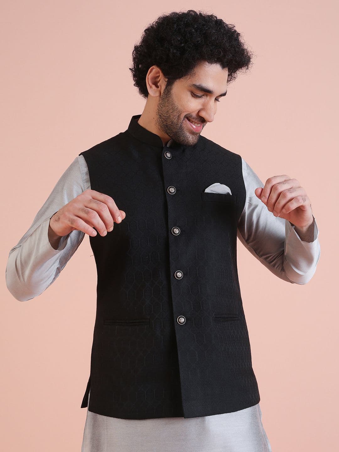 KISAH Men Woven Jacquard Regular Fit Ethnic Motifs Nehru Jacket - view 1