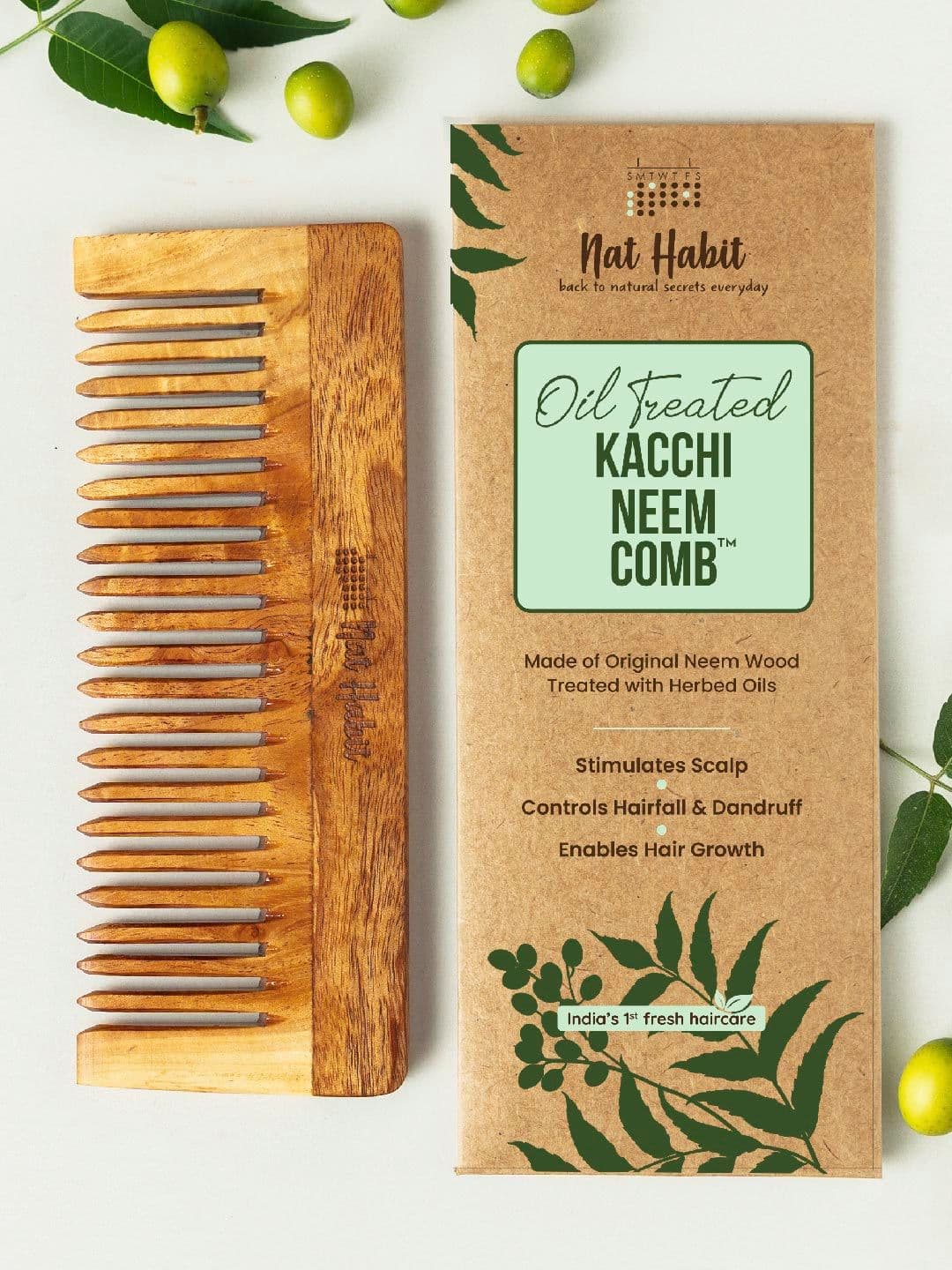Nat Habit Kacchi Neem Large Wide Wooden Tooth Comb - Soaked in 17 Herbs & Oils - Beige - view 1
