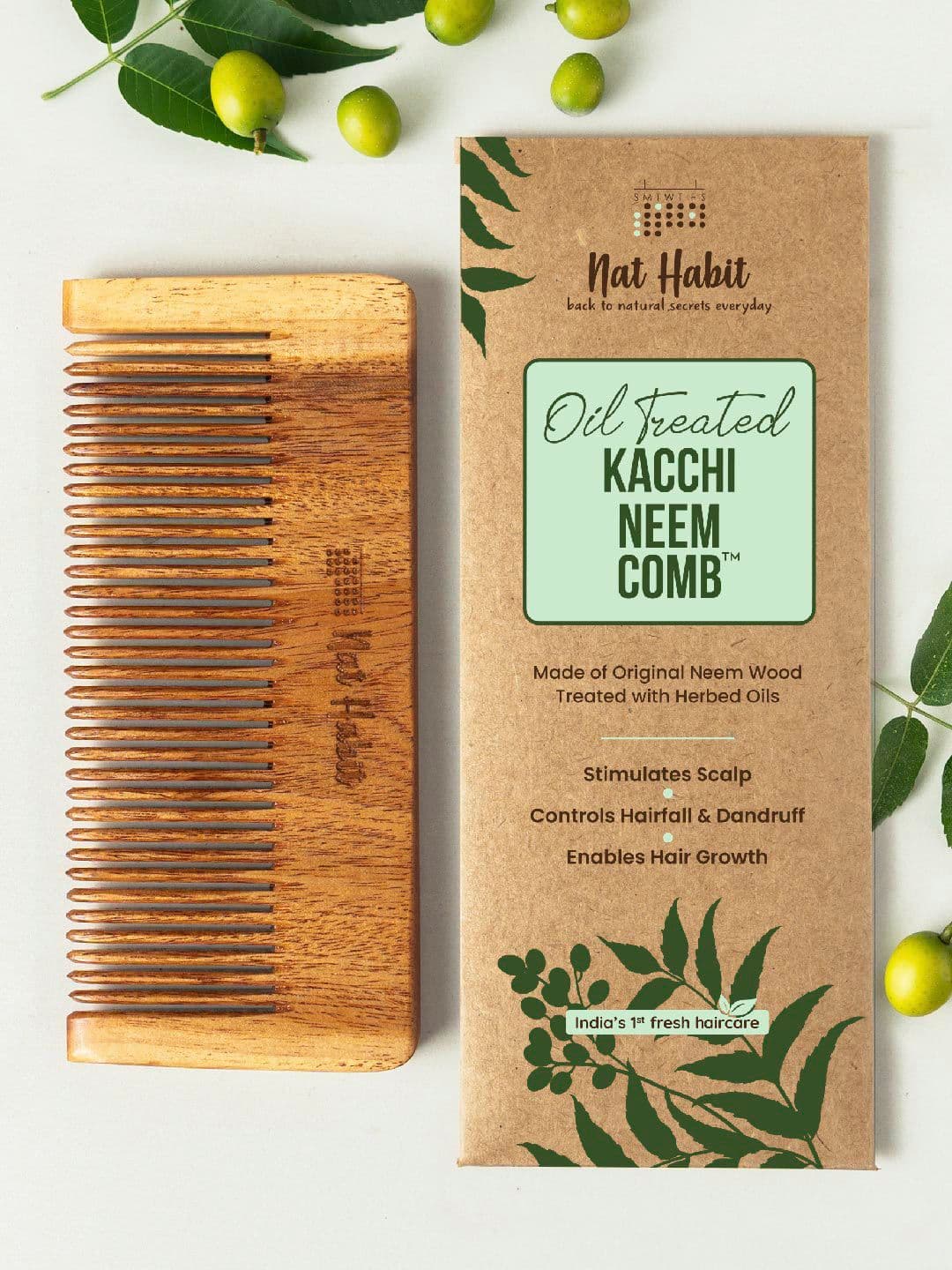 Nat Habit Kacchi Neem Handmade Fine Wooden Tooth Comb for Long Thick Hair - view 1