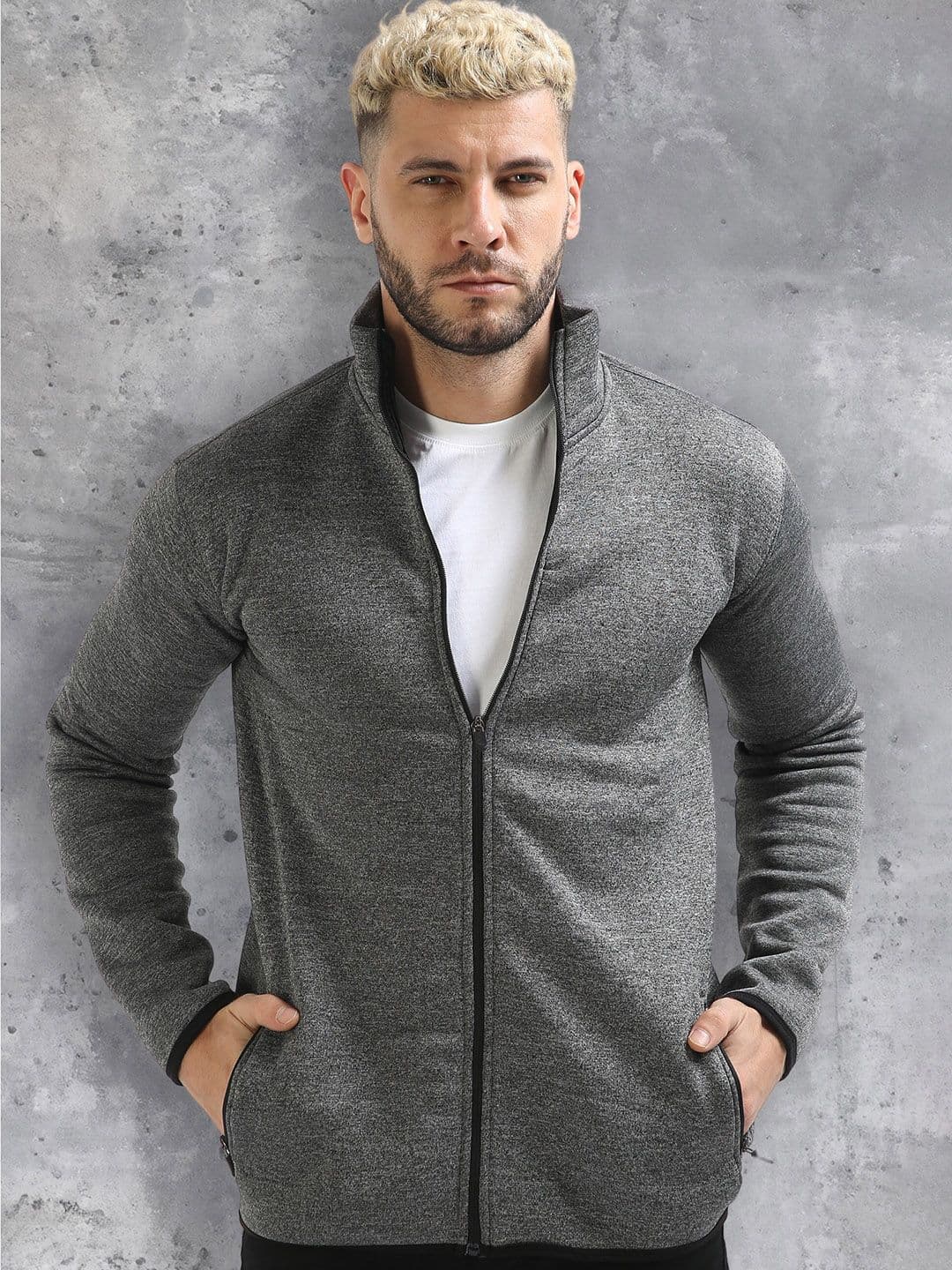 fanideaz Self Design Mock Collar Long Sleeves Open Front Jacket - view 1