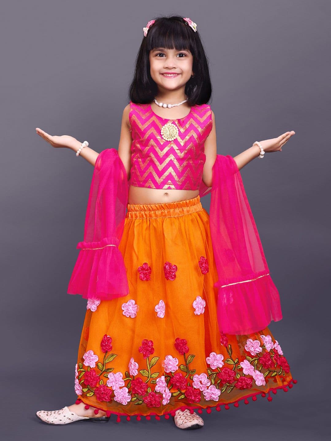 BAESD Girls Chevron Printed Thread Work Ready to Wear Lehenga & Blouse With Dupatta - view 1