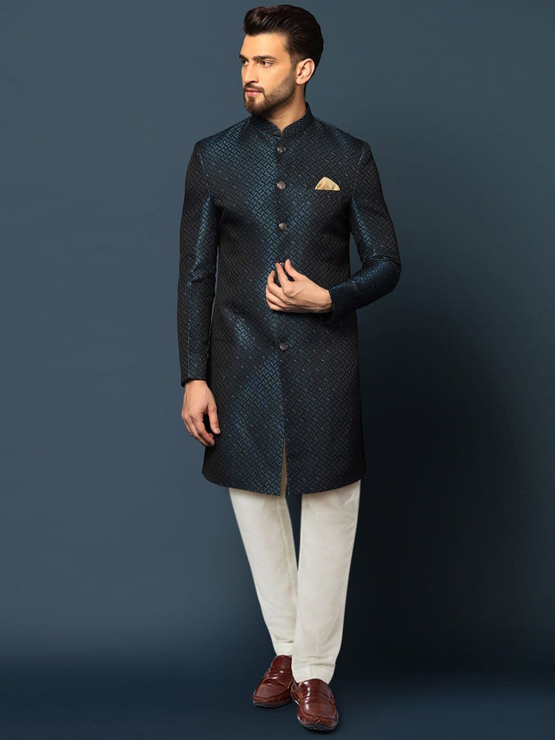 KISAH Men Woven-Design Cotton Indowestern Sherwani Churidar Set