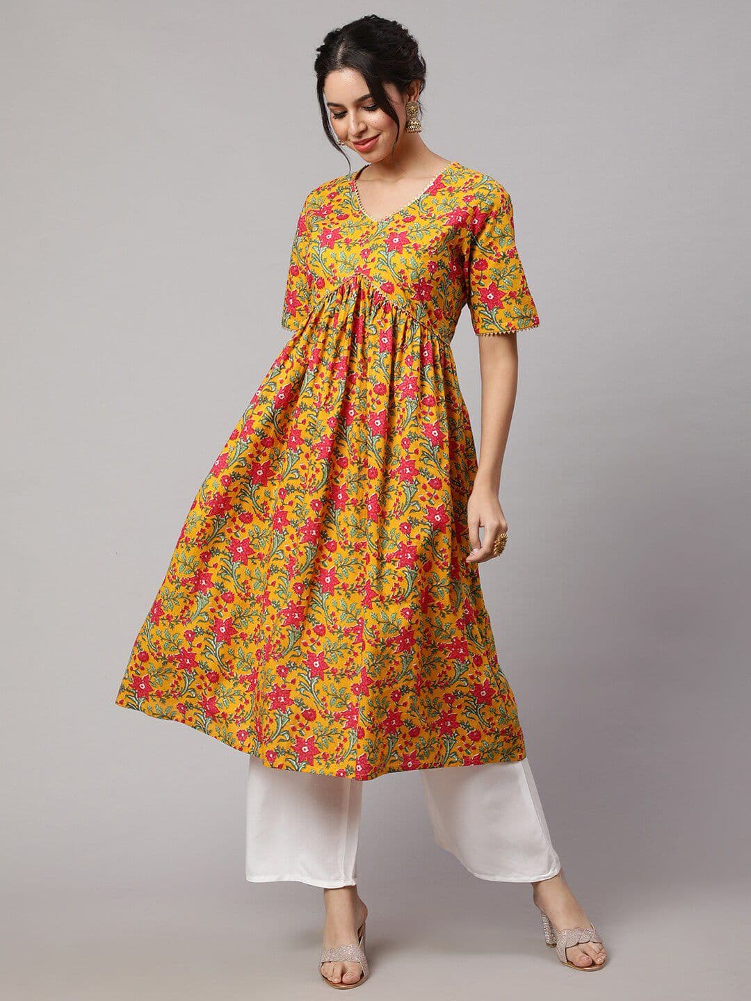 SAK JAIPUR Floral Printed Gotta Patti Pure Cotton Empire Kurta - view 1