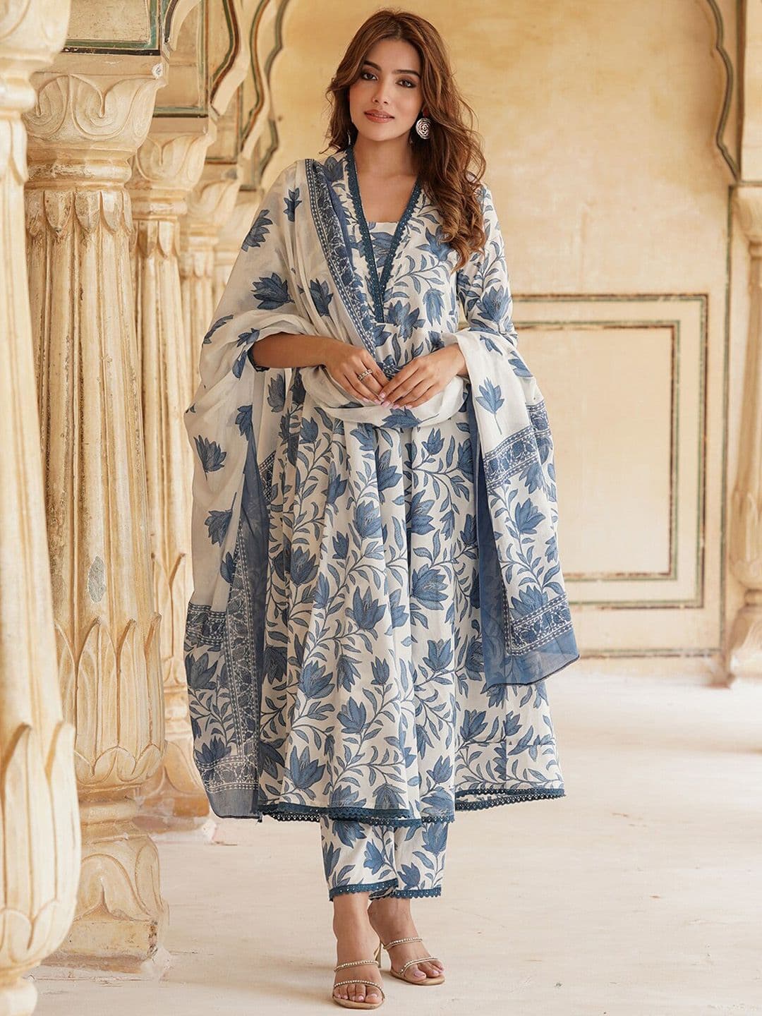 KALINI Floral Printed Anarkali Pure Cotton Kurta with Trousers & Dupatta - view 1