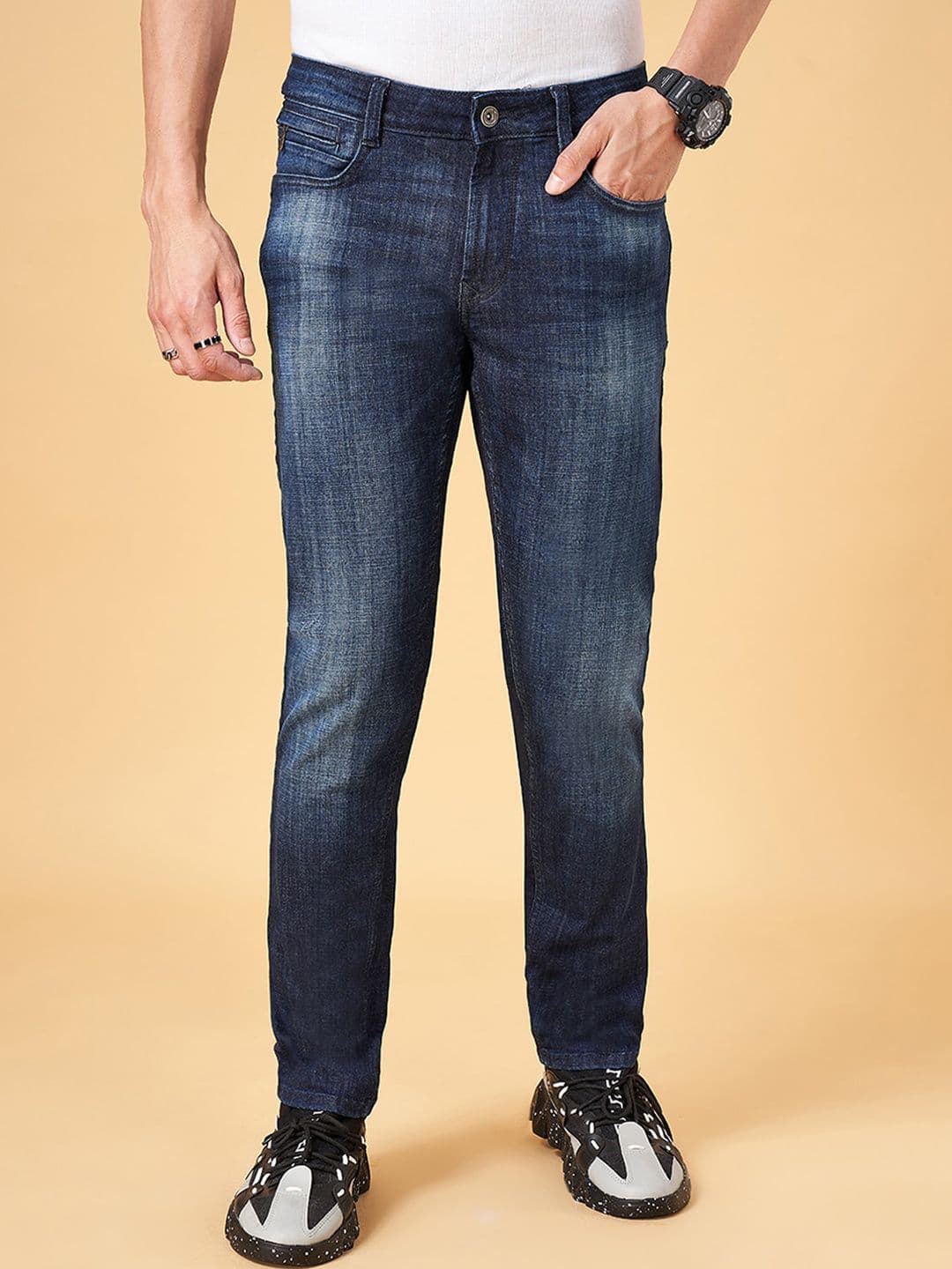 SF JEANS by Pantaloons Men Skinny Fit Low Distress Light Fade Medium Shade Cotton Jeans - view 1