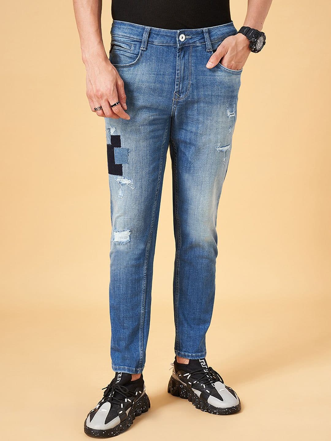 SF JEANS by Pantaloons Men Slim Fit Mildly Distressed Heavy Fade Cotton Jeans - view 1