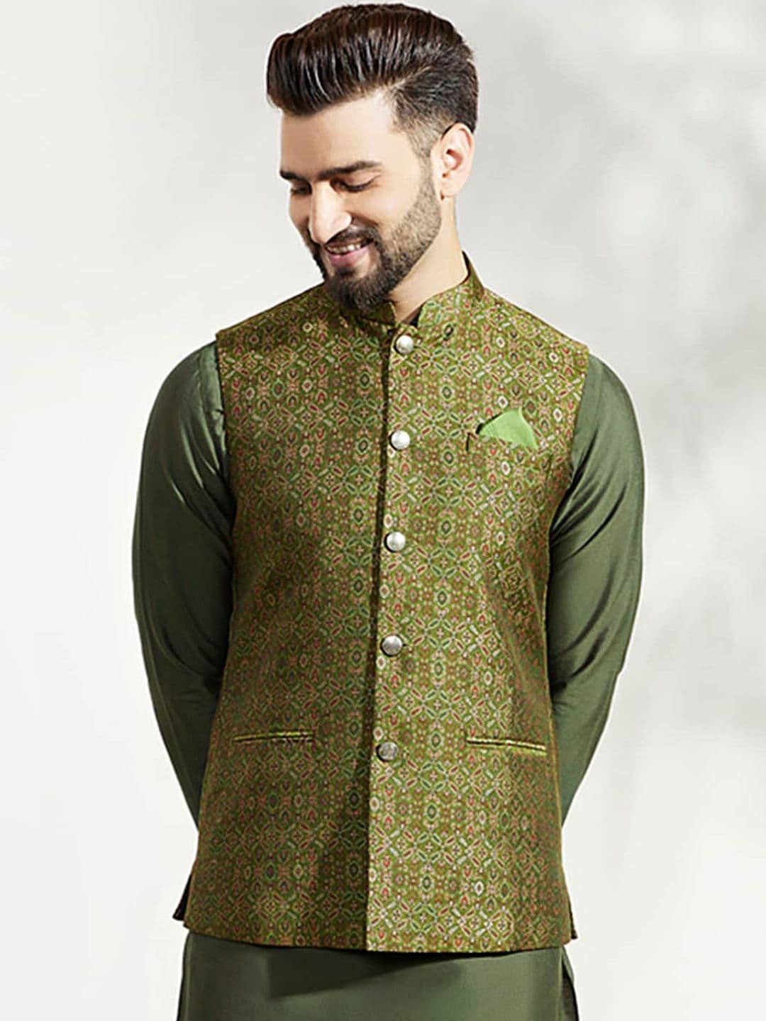 KISAH Men Woven Jacquard Zari Regular Fit Nehru Jacket - view 1