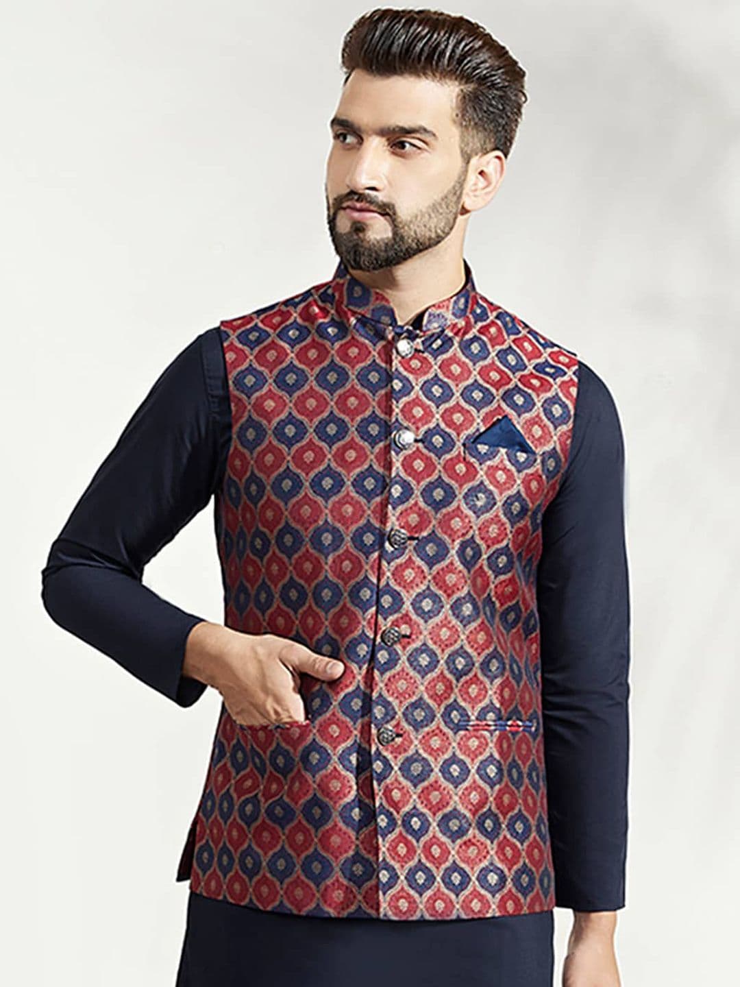 KISAH Woven Design Nehru Jacket With Pocket Square - view 1