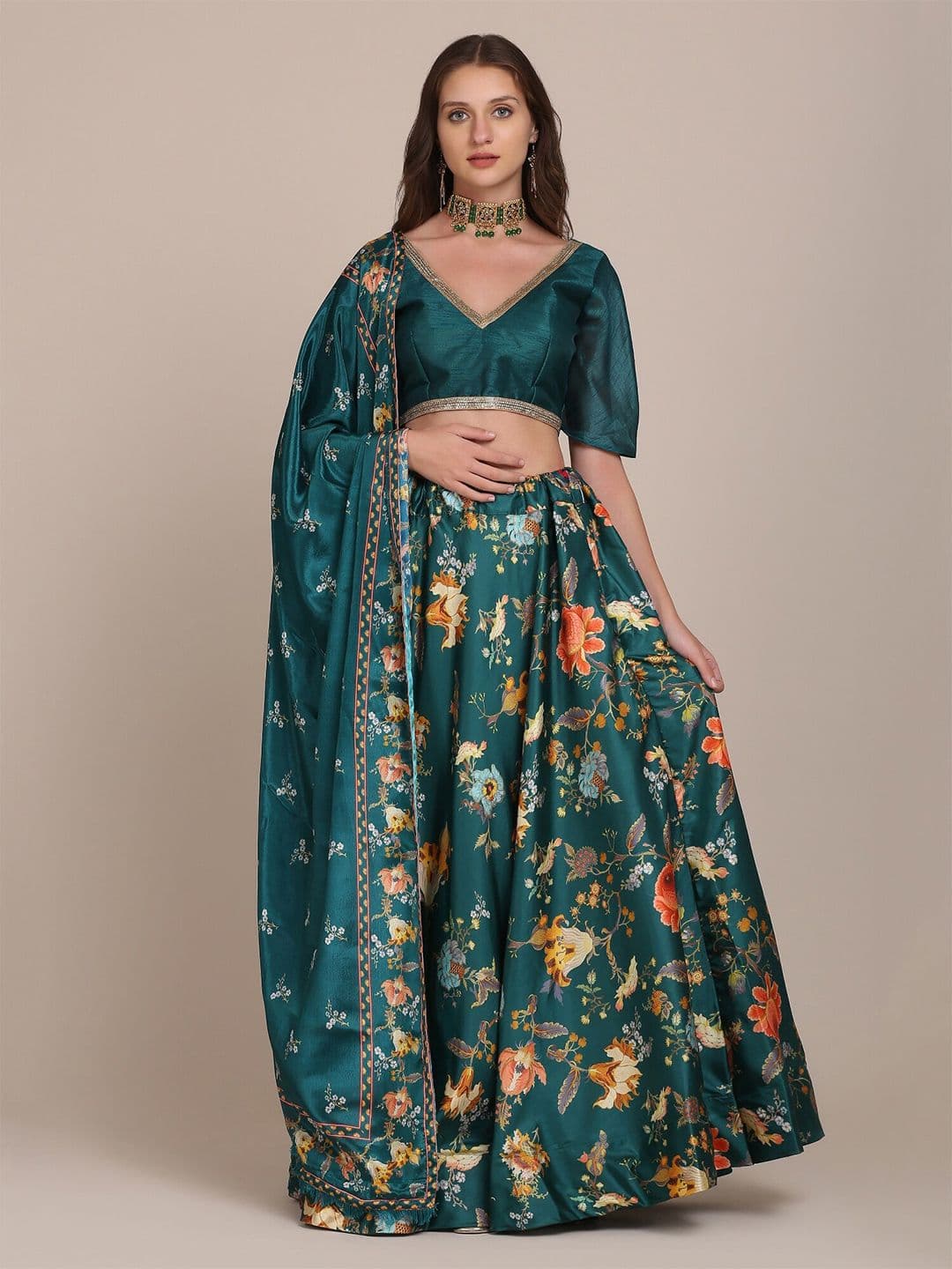 KALINI Floral Printed Semi-Stitched Lehenga & Unstitched Blouse With Dupatta - view 1