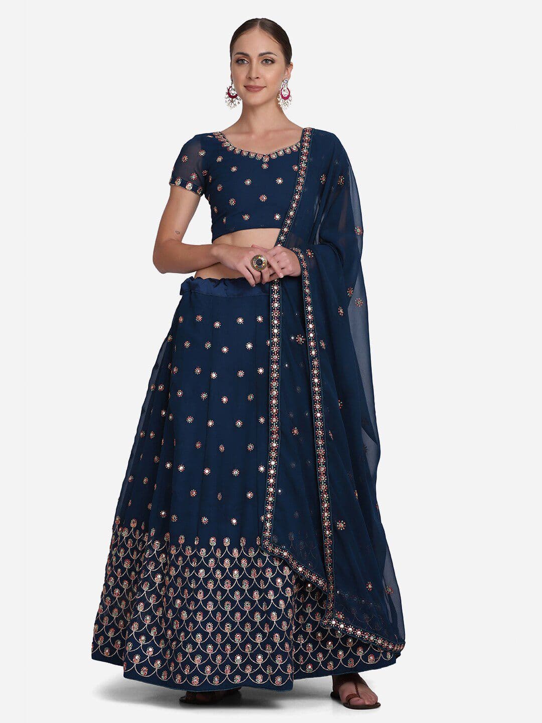 KALINI Embroidered Thread Work Semi-Stitched Lehenga & Unstitched Blouse With Dupatta - view 1