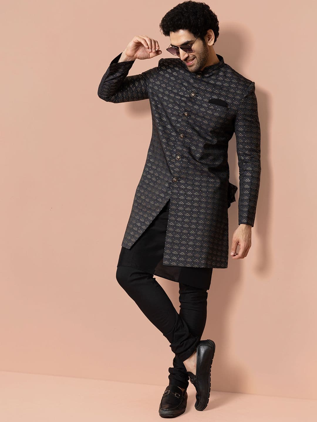 KISAH Men Self Design Mandarin Collar Indowestern Sherwani Set