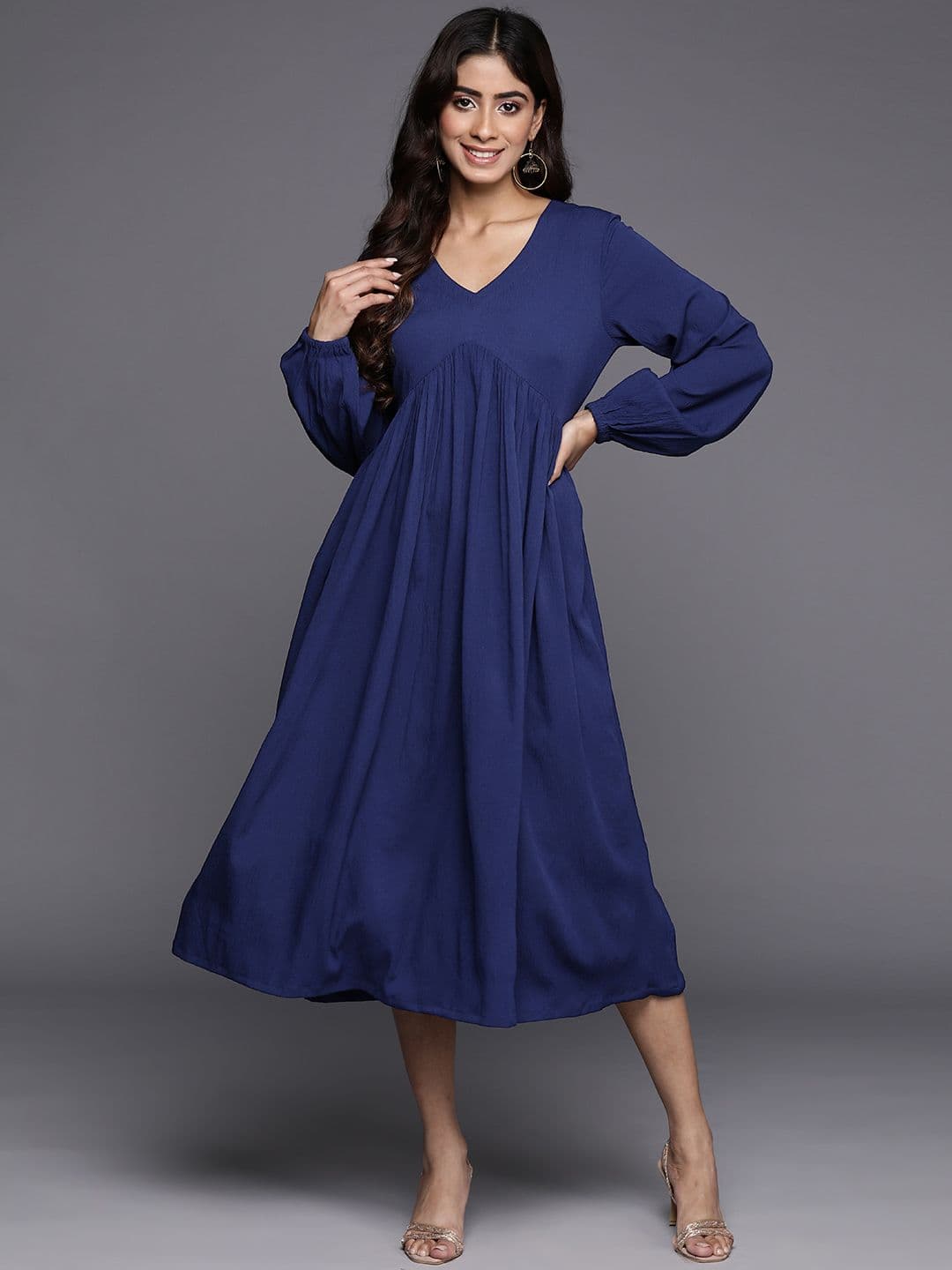 Varanga Blue Alia Cut Textured Puff Sleeve A line Alia cut Midi Dress - view 1