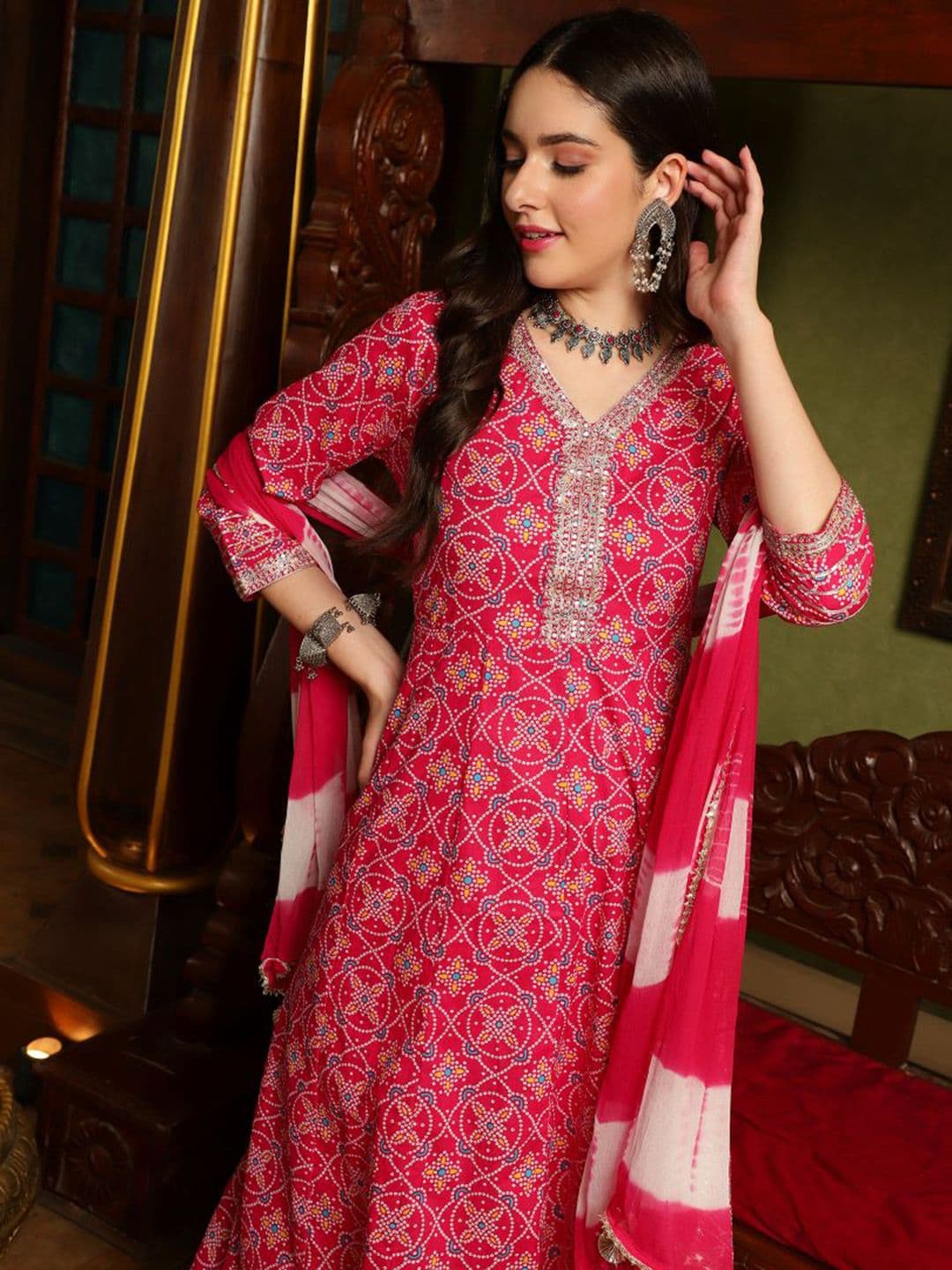 Sangria Pink Ethnic Motifs Printed Sequinned Pure Cotton A-Line Kurta Set - view 1