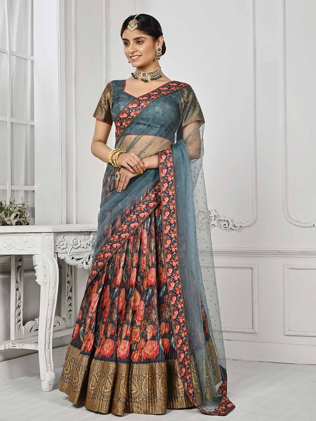 SAPTRANGI Floral Printed Zari Semi-Stitched Lehenga Choli - view 1