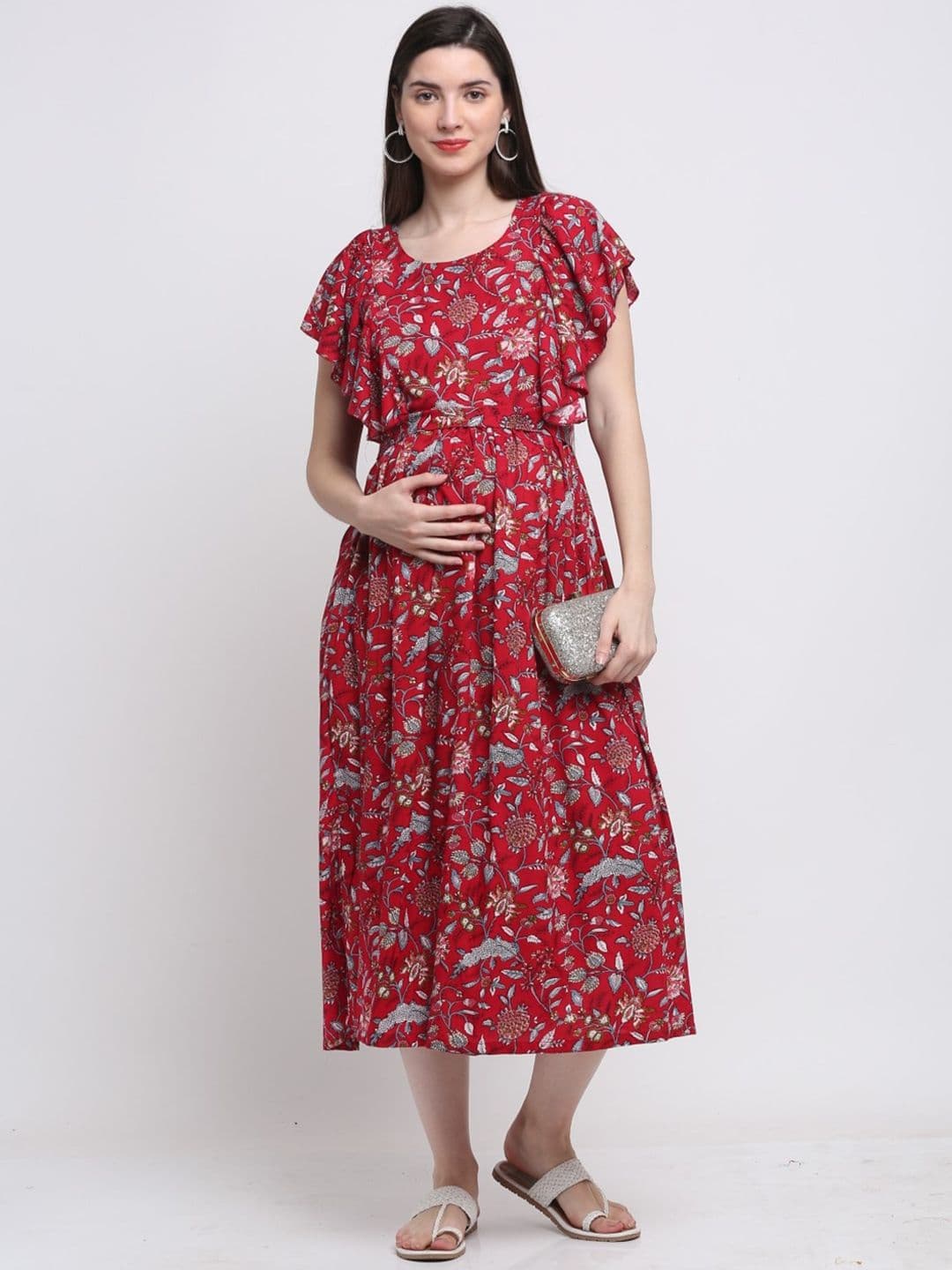 Henal Floral Printed Flared Sleeves Cotton Maternity Fit and Flare Ethnic Dresses - view 1