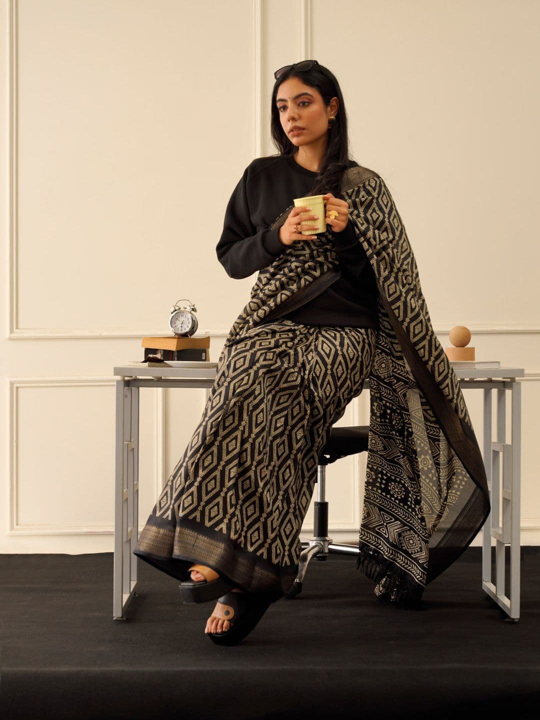 Tikhi Imli Black & Gold Geometric Printed Ready To Wear Saree - view 1
