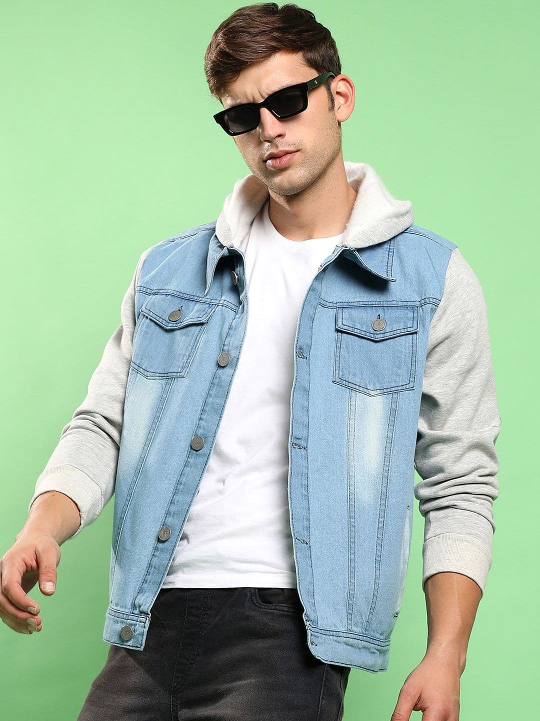 CAHOOT Campus Sutra Washed Colourblocked Hooded Windcheater Cotton Denim Jacket