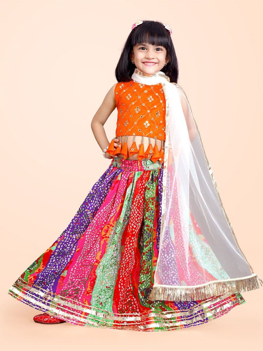 BAESD Girls Bandhani Printed Mirror Work Ready to Wear Lehenga & Blouse With Dupatta - view 1