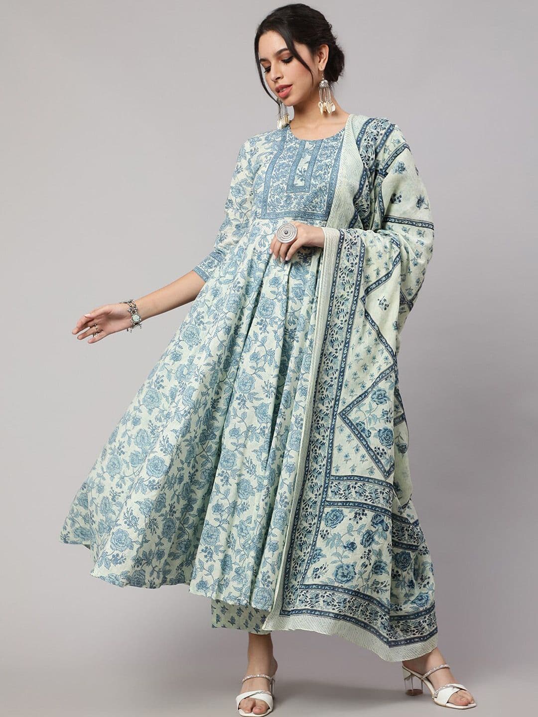 NISHABD Floral Printed Anarkali Pure Cotton Kurta With Palazzos & Dupatta - view 1