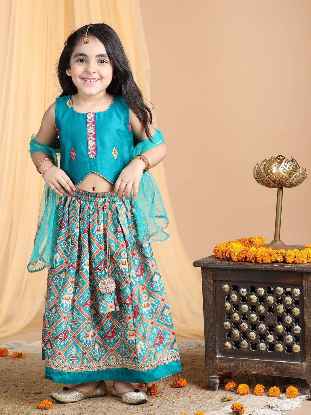 Here&Now X Kinder Kids Girls Embroidered Ready to Wear Lehenga & Blouse With Dupatta - view 1