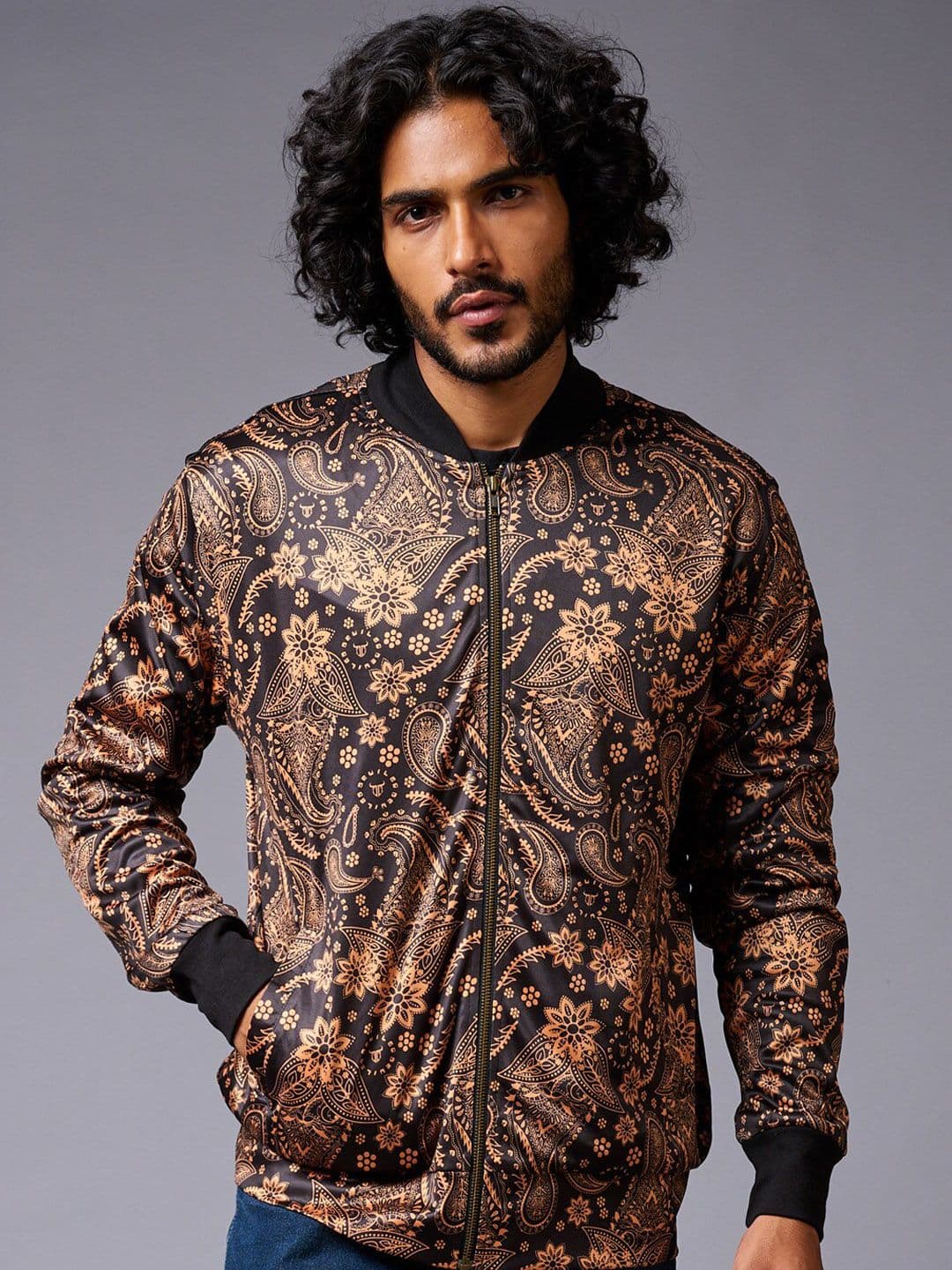 GO DEVIL Floral Printed Stand Collar Long Sleeve Bomber Jacket - view 1