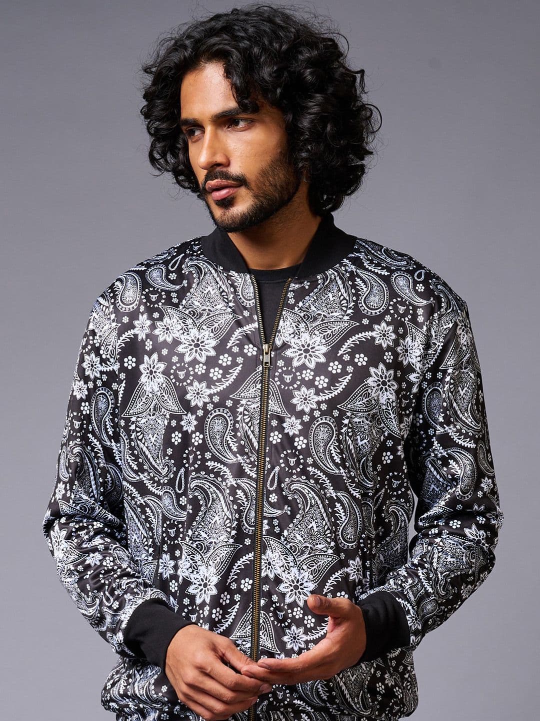 GO DEVIL Floral Printed Stand Collar Long Sleeve Bomber Jacket - view 1